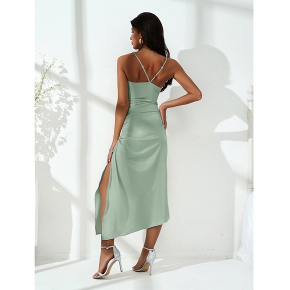 Satin Mint Green High Slit Midi Dress - Picture 4 of 9